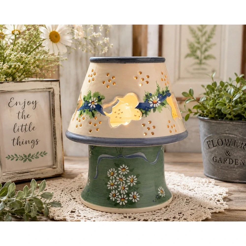 Kathy Hatch Collection Ceramic Jar Candle Holder Shade Daisy Floral Green 32143